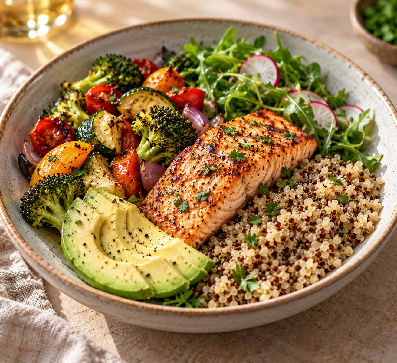 Repas rassasiant : saumon, quinoa, légumes rôtis, avocat et salade
