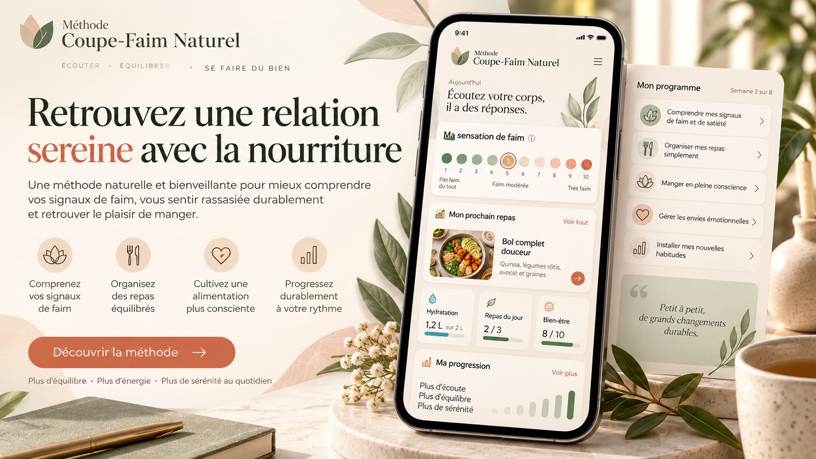 Aperçu de la web app Méthode Coupe-Faim Naturel sur téléphone et ordinateur