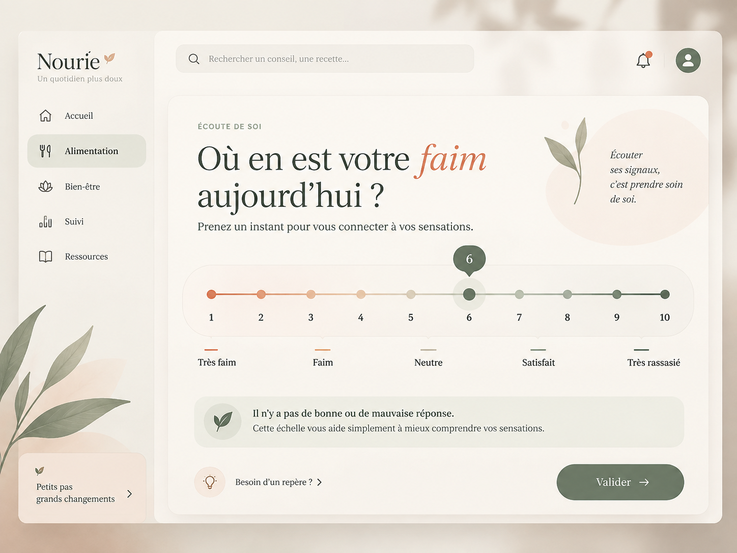 Échelle de faim et de satiété de 1 à 10 dans la web app