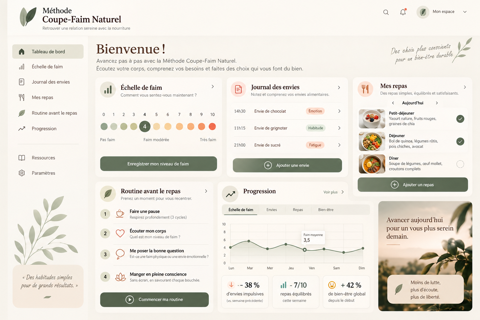 Tableau de bord de la web app : échelle de faim, journal des envies, repas et routine
