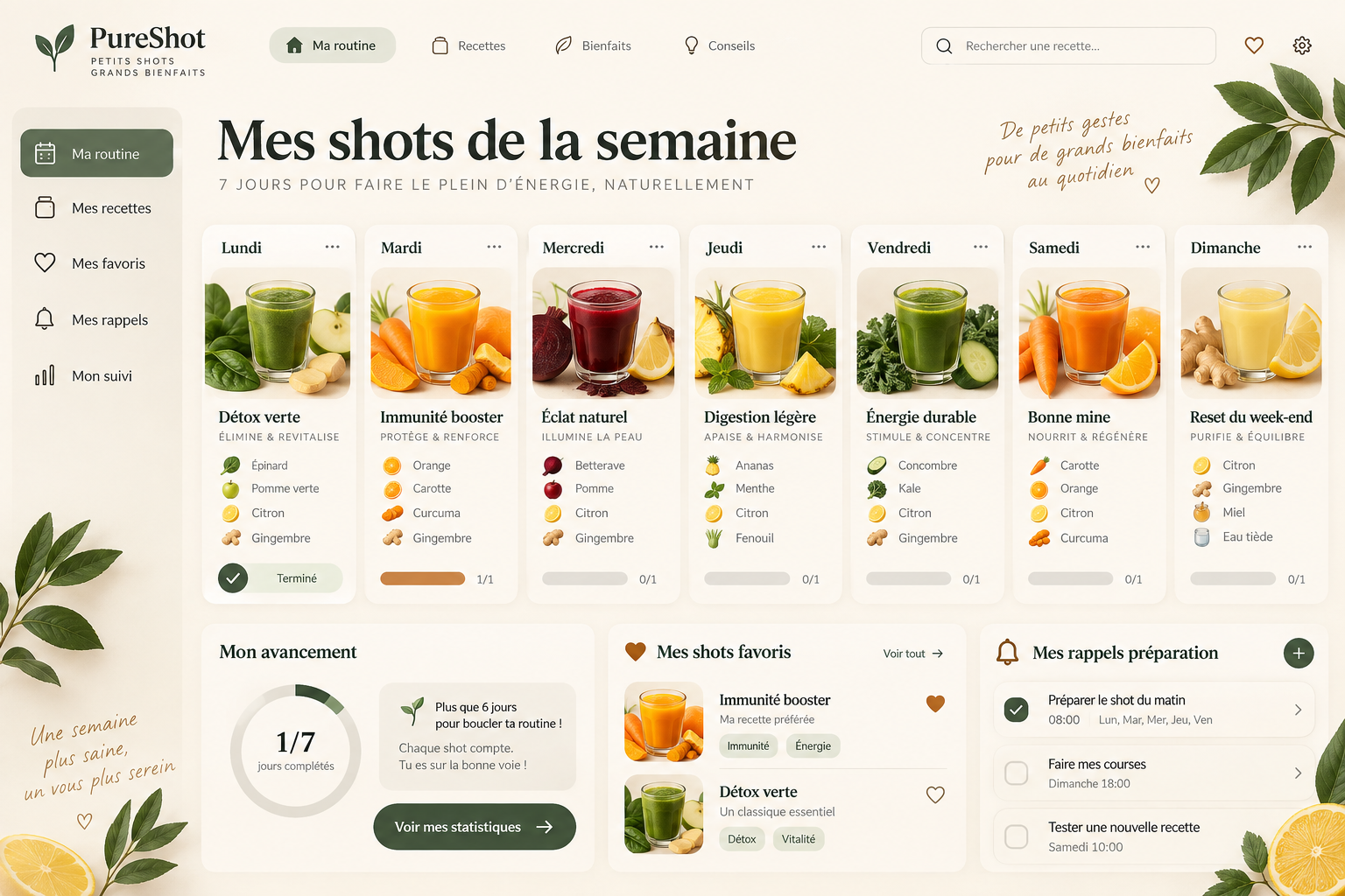 Planning hebdomadaire des shots dans la web app