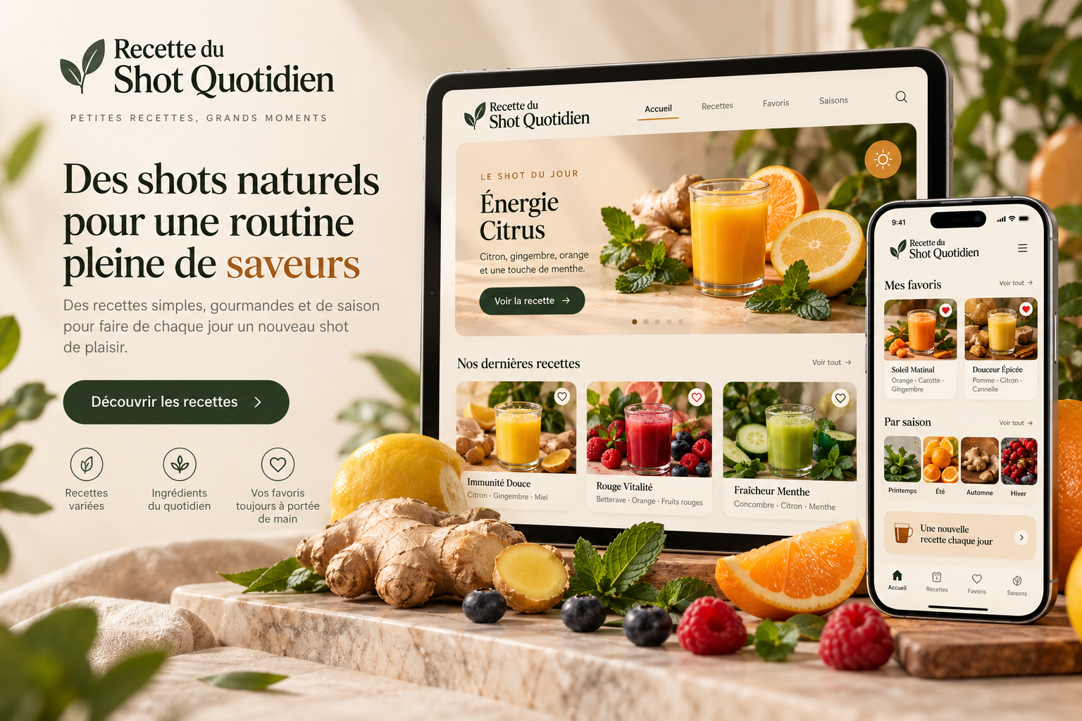 Aperçu de la web app Recette du Shot Quotidien sur tablette et téléphone