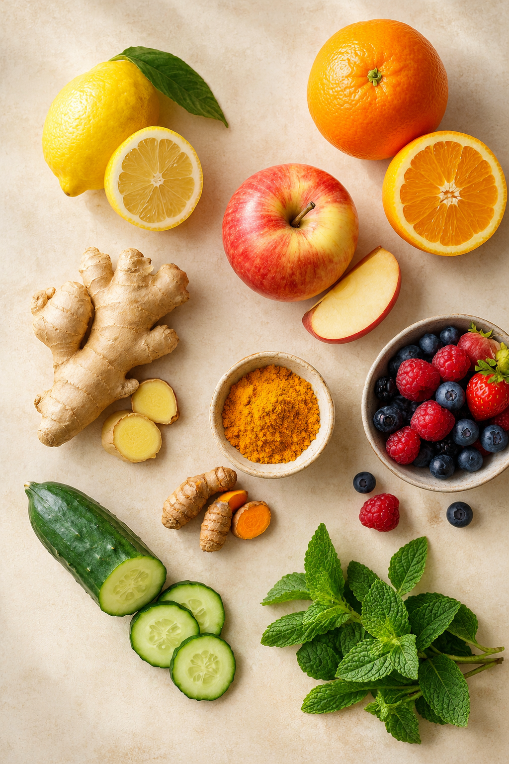 Ingrédients frais : citron, orange, pomme, gingembre, curcuma, concombre, fruits rouges et menthe