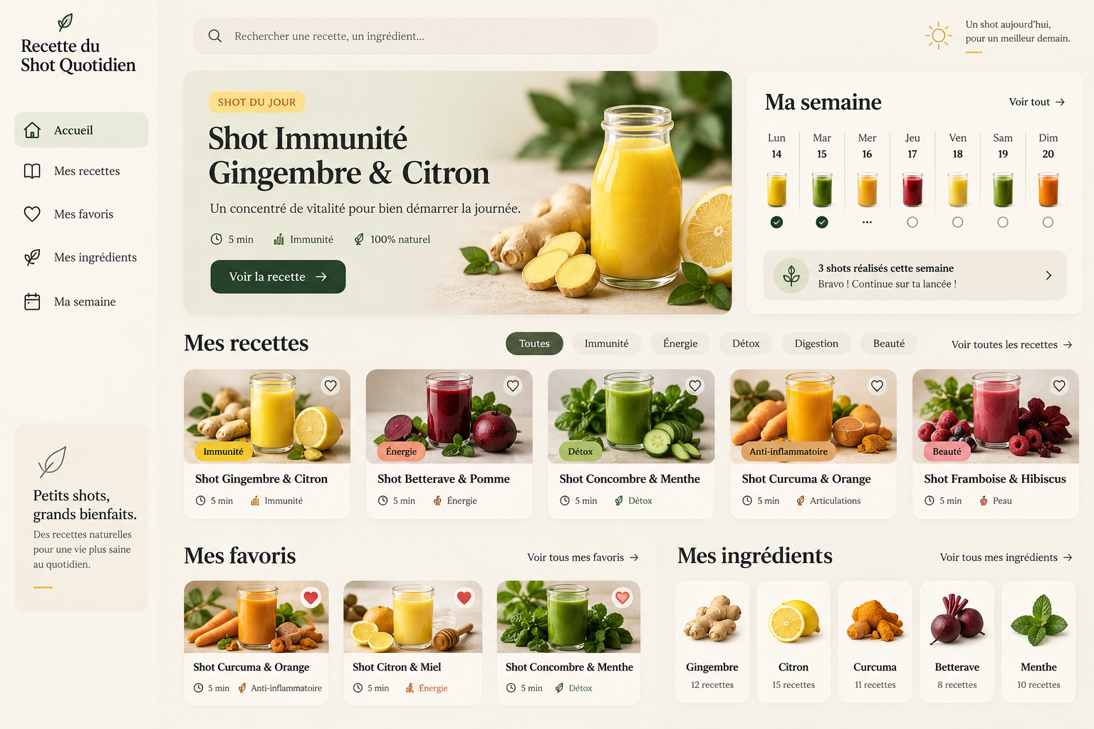 Interface de la web app : shot du jour, semaine, recettes, favoris et ingrédients