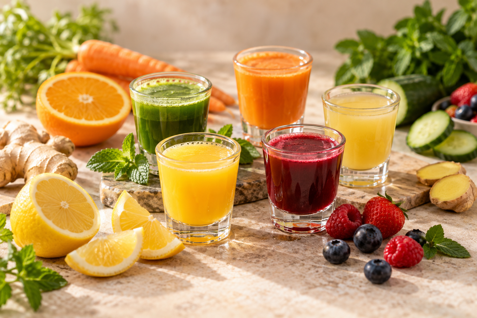 Shots maison aux agrumes, fruits rouges, carotte et légumes verts