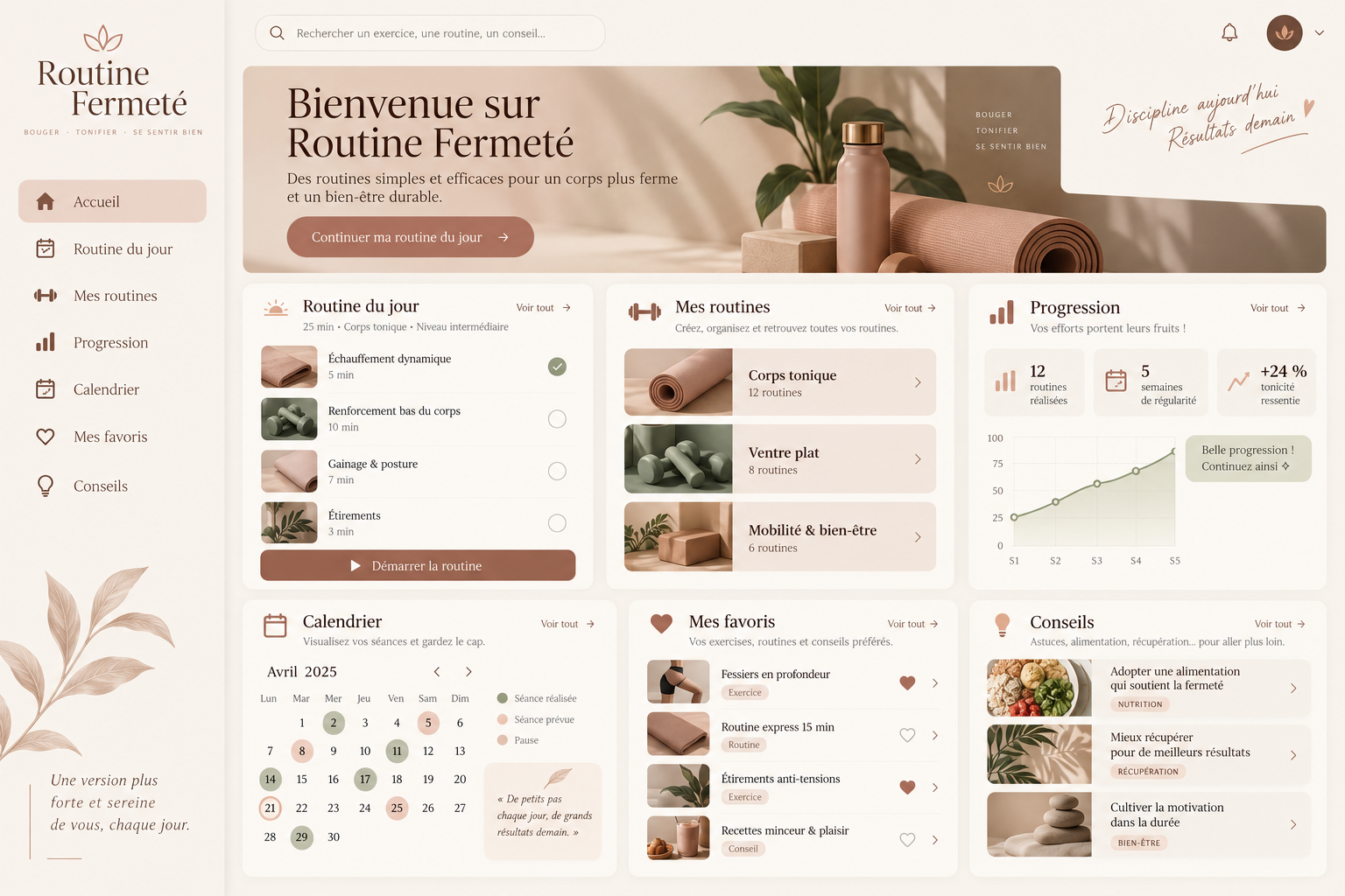 Tableau de bord de la web app : routine du jour, routines, progression, calendrier, favoris et conseils