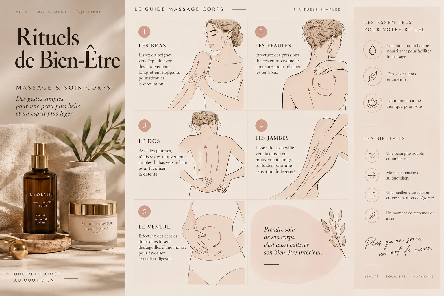 Guide illustré de gestes d’auto-massage pour les bras, les épaules, le dos, les jambes et le ventre